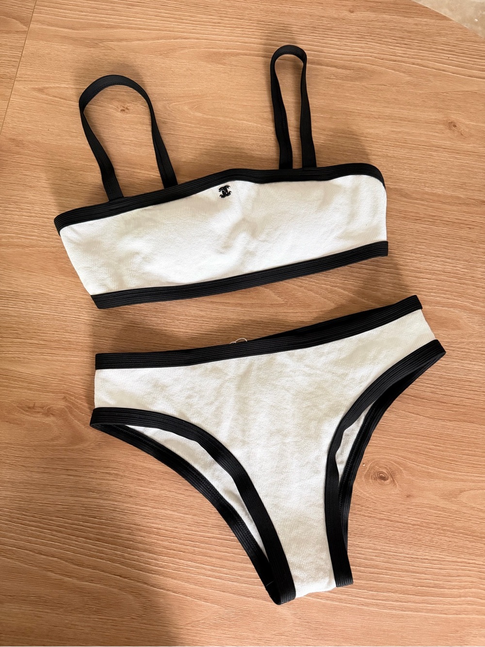 CHANEL White and Black Trim Bikini Set